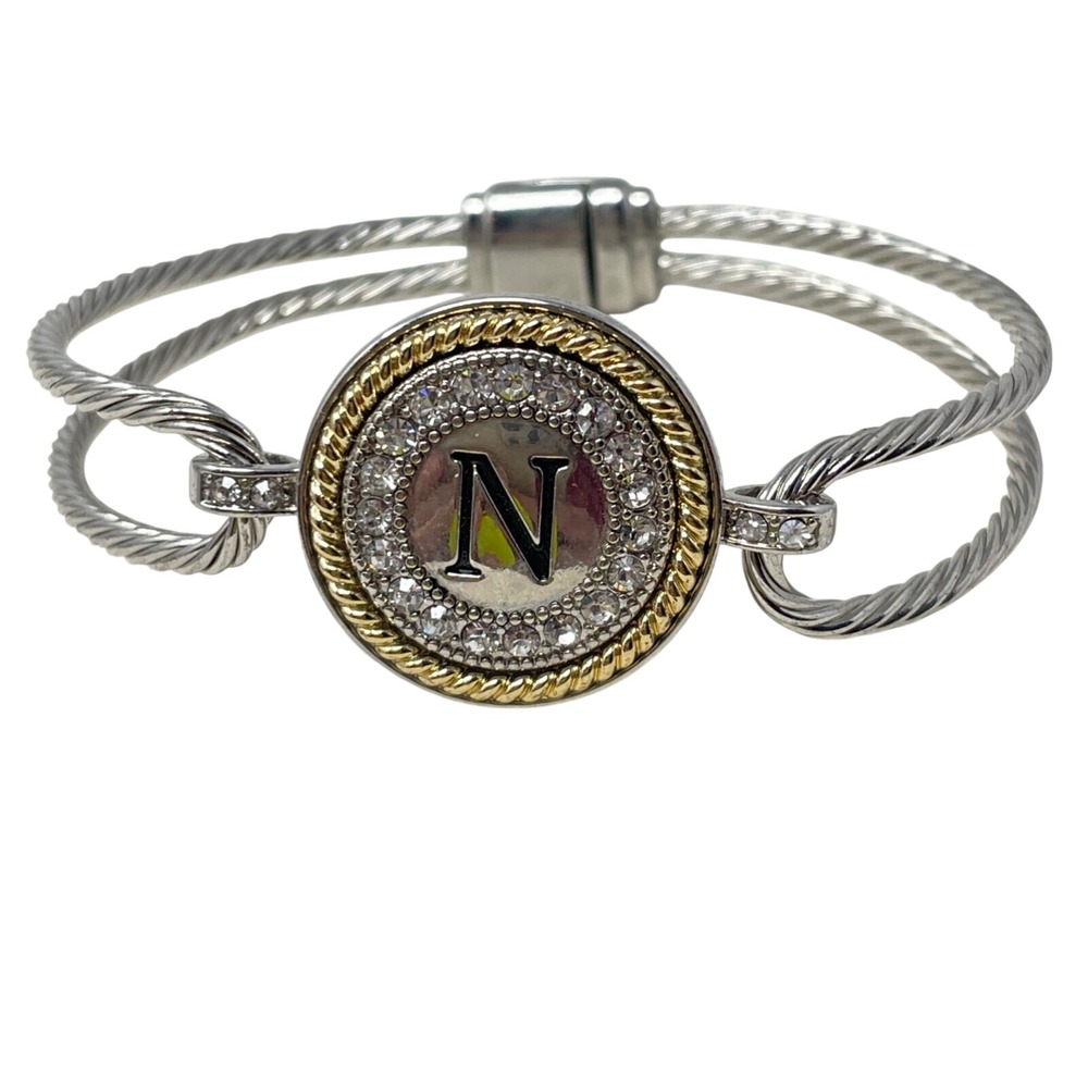 Silver Gold Two Tone Cable Wire Magnetic Bangle Bracelet Crystal Initial N